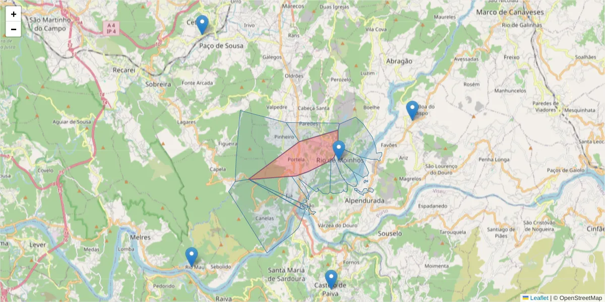 Mapa detalhado do código postal 4575-392 com limites, códigos postais vizinhos e agências dos correios