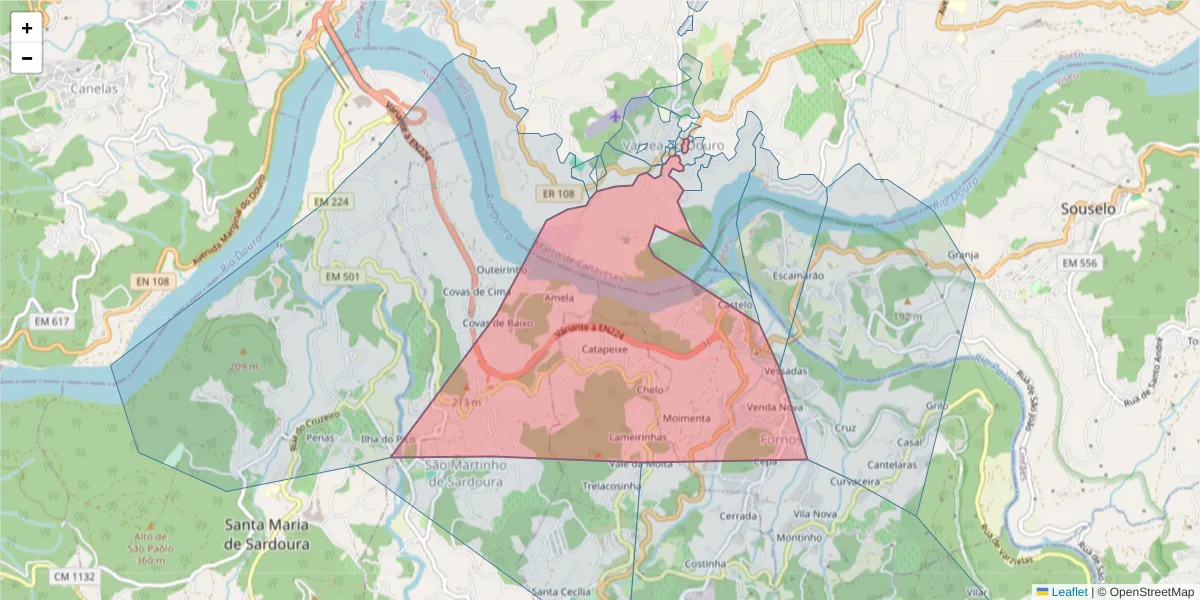 Mapa detalhado do código postal 4575-436 com limites, códigos postais vizinhos e agências dos correios