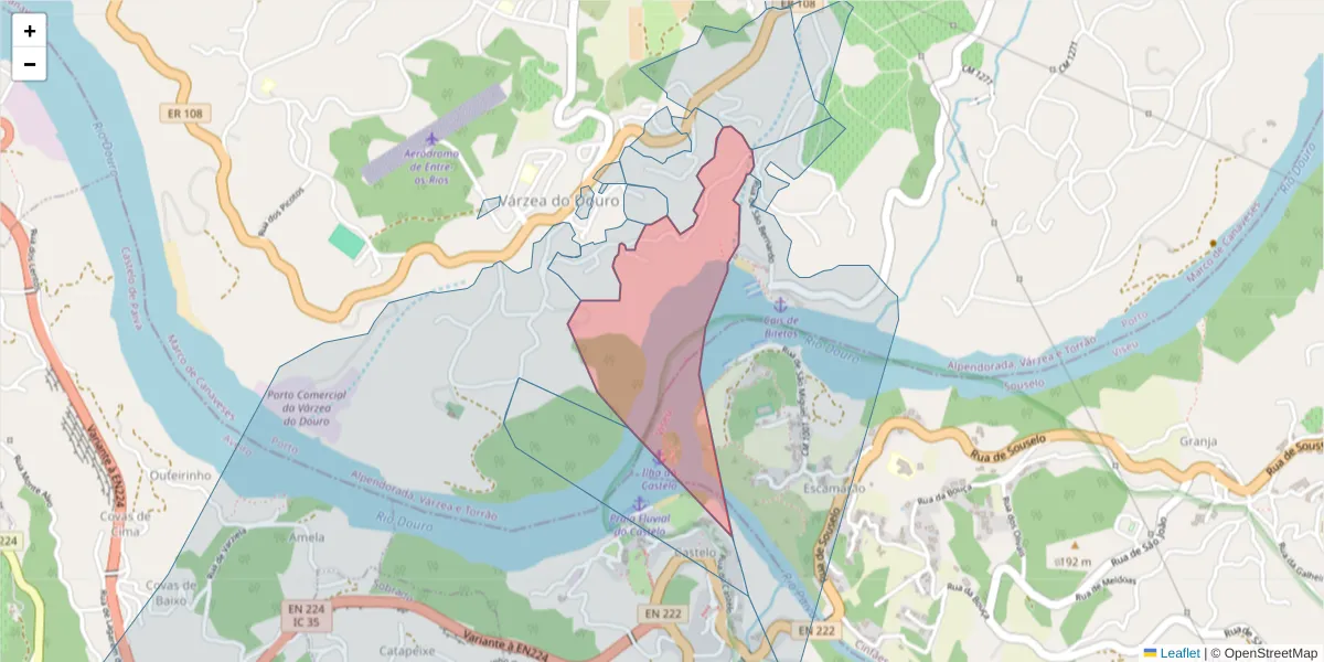 Mapa detalhado do código postal 4575-438 com limites, códigos postais vizinhos e agências dos correios
