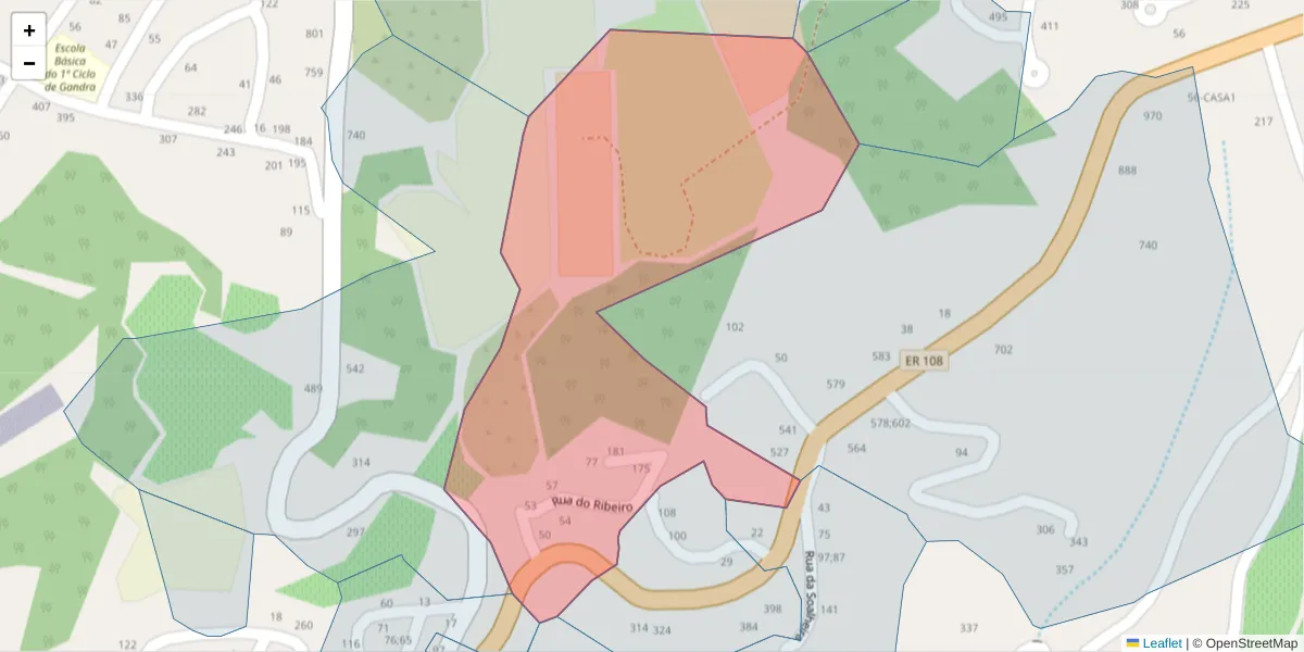 Mapa detalhado do código postal 4575-444 com limites, códigos postais vizinhos e agências dos correios