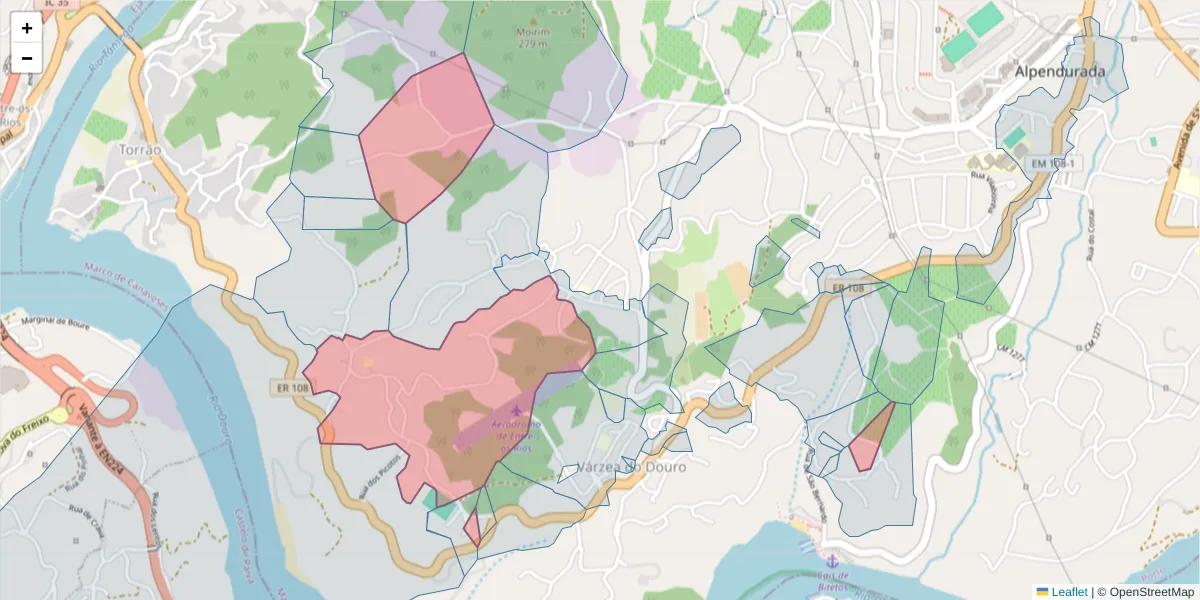 Mapa detalhado do código postal 4575-457 com limites, códigos postais vizinhos e agências dos correios