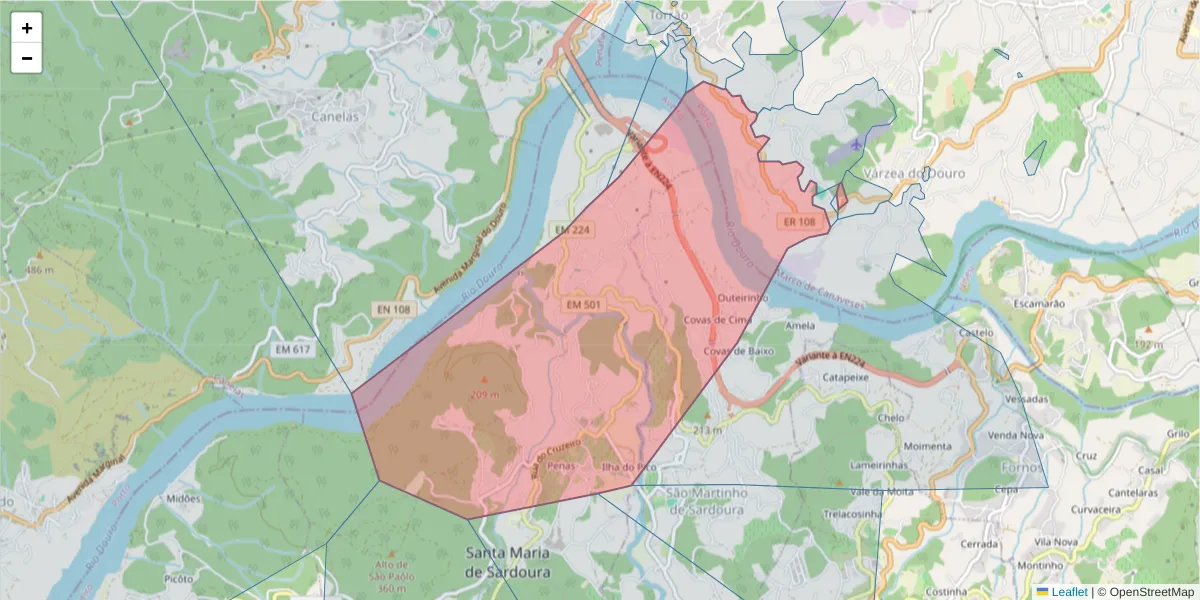 Mapa detalhado do código postal 4575-459 com limites, códigos postais vizinhos e agências dos correios