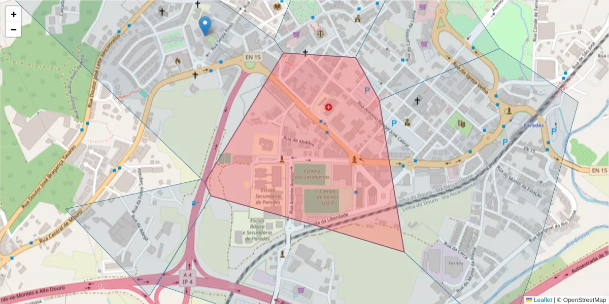 Mapa detalhado do código postal 4580-029 com limites, códigos postais vizinhos e agências dos correios