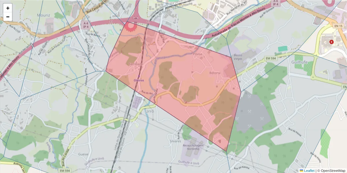 Mapa detalhado do código postal 4580-045 com limites, códigos postais vizinhos e agências dos correios