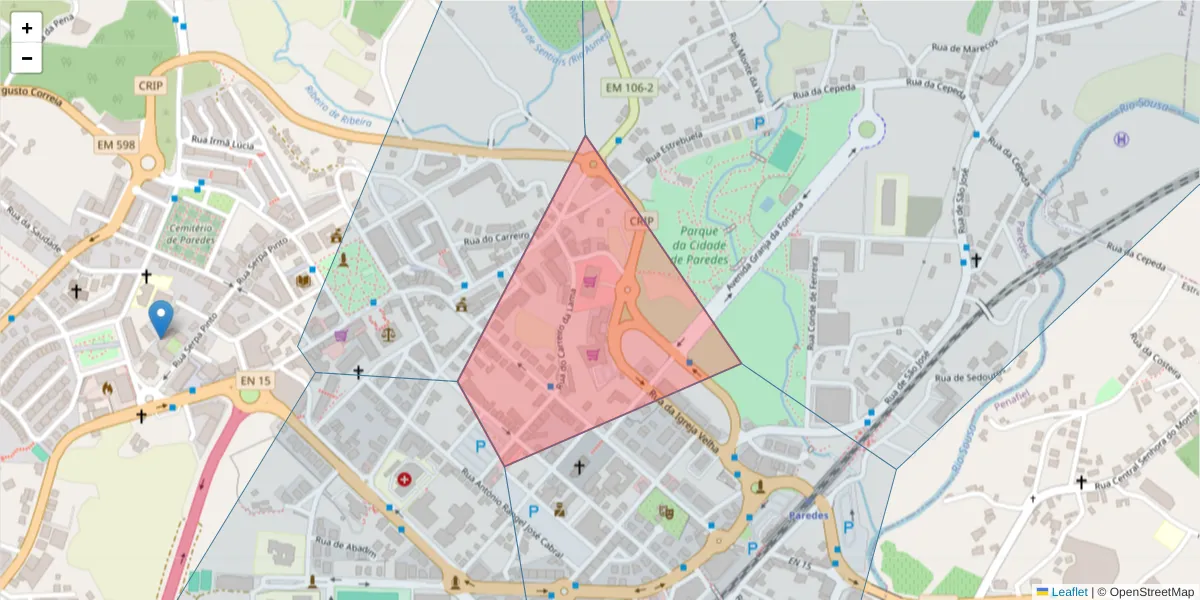 Mapa detalhado do código postal 4580-047 com limites, códigos postais vizinhos e agências dos correios