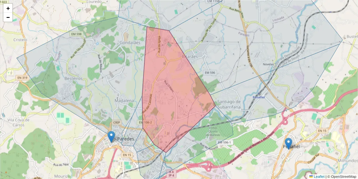Mapa detalhado do código postal 4580-140 com limites, códigos postais vizinhos e agências dos correios