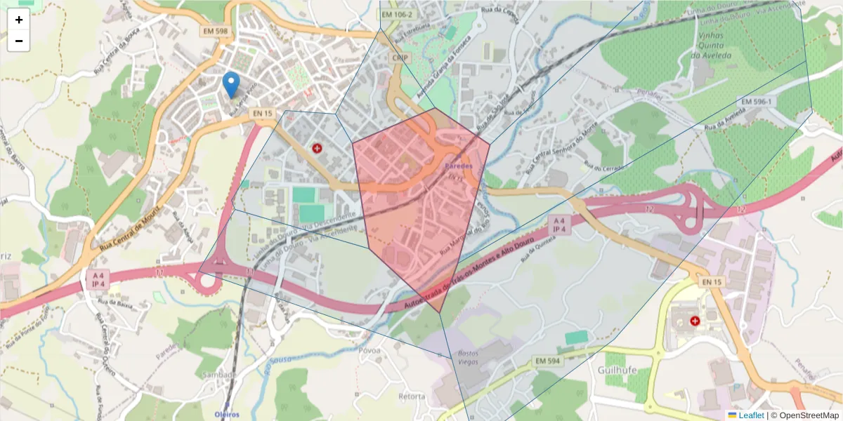 Mapa detalhado do código postal 4580-193 com limites, códigos postais vizinhos e agências dos correios