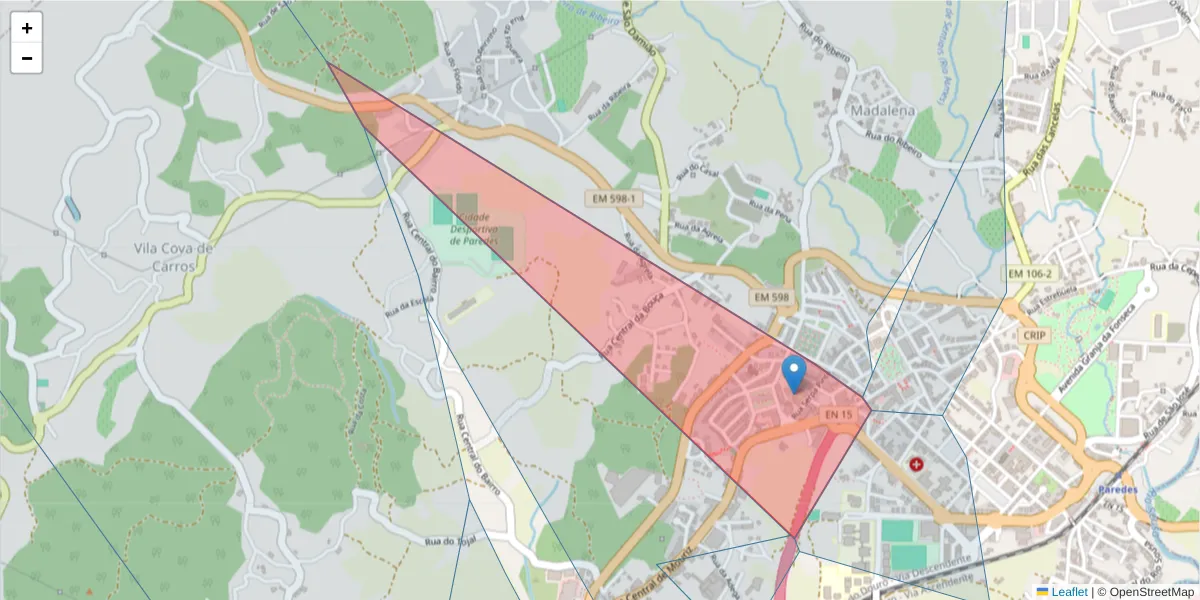 Mapa detalhado do código postal 4580-204 com limites, códigos postais vizinhos e agências dos correios
