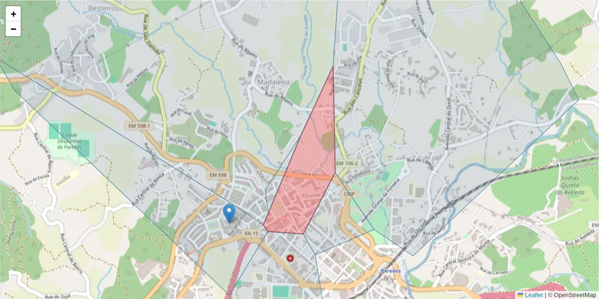 Mapa detalhado do código postal 4580-229 com limites, códigos postais vizinhos e agências dos correios