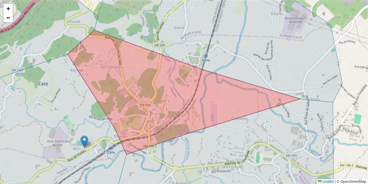 Mapa detalhado do código postal 4580-311 com limites, códigos postais vizinhos e agências dos correios