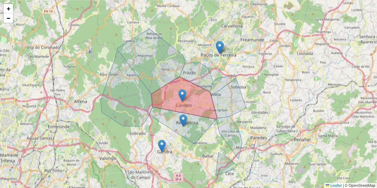 Mapa detalhado do código postal 4580-439 com limites, códigos postais vizinhos e agências dos correios