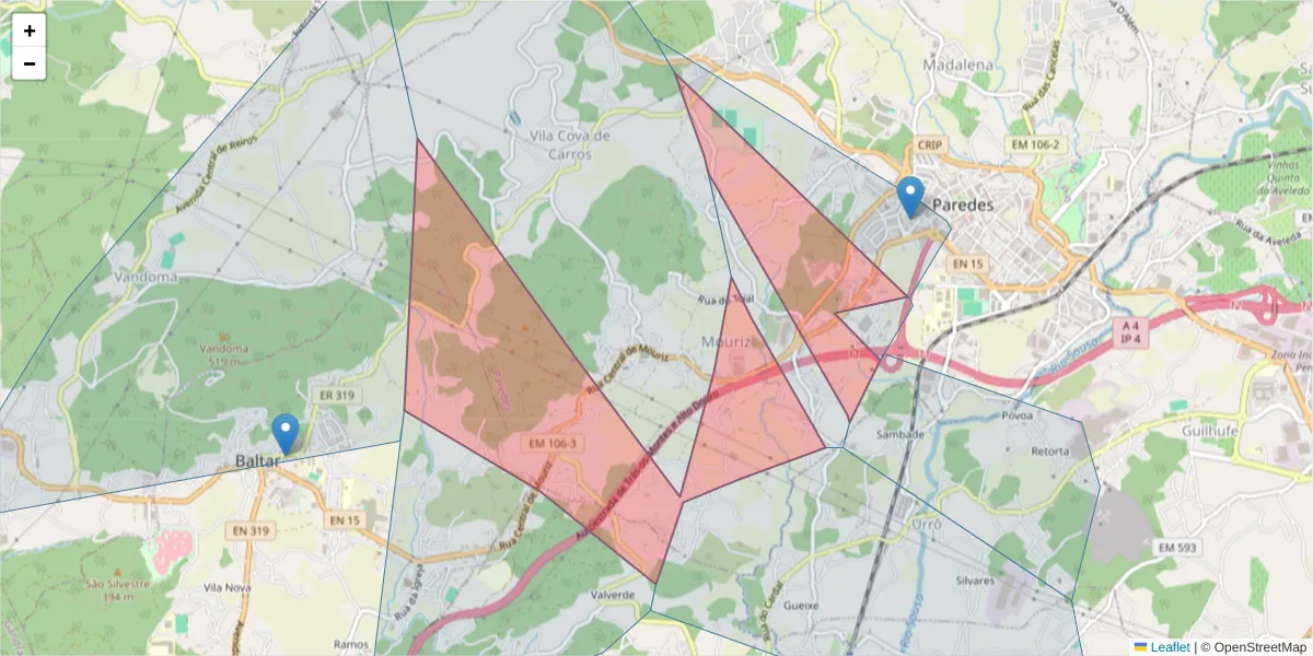 Mapa detalhado do código postal 4580-590 com limites, códigos postais vizinhos e agências dos correios