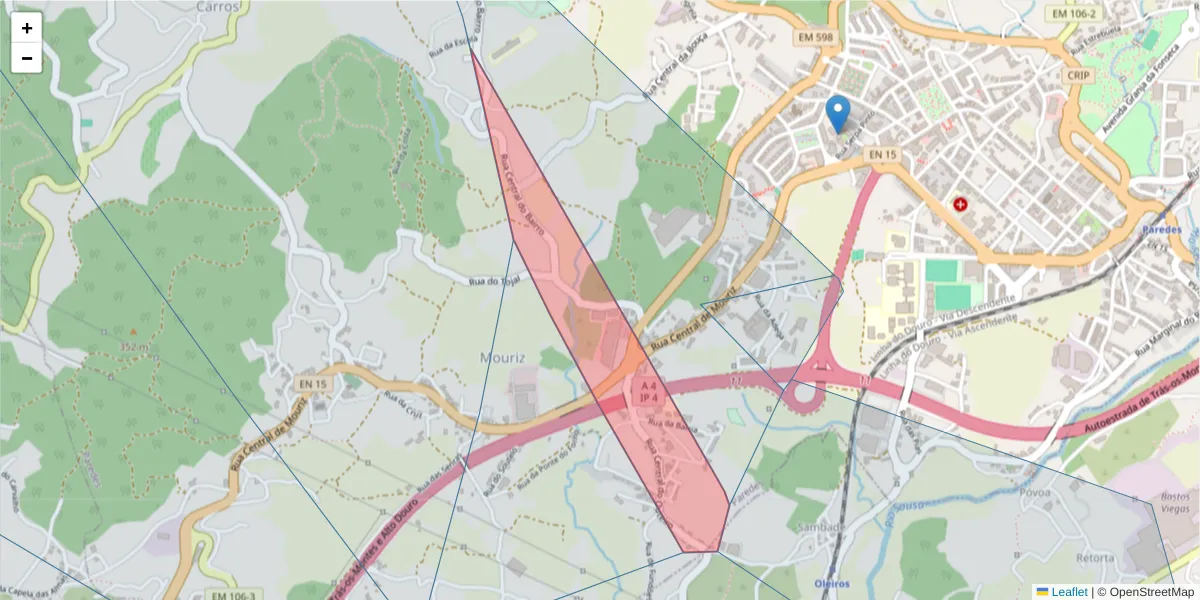 Mapa detalhado do código postal 4580-593 com limites, códigos postais vizinhos e agências dos correios