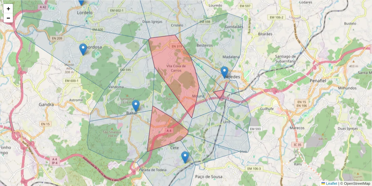 Mapa detalhado do código postal 4580-594 com limites, códigos postais vizinhos e agências dos correios