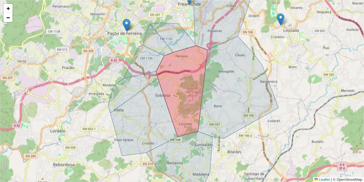 Mapa detalhado do código postal 4580-725 com limites, códigos postais vizinhos e agências dos correios