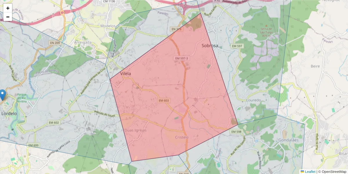Mapa detalhado do código postal 4580-753 com limites, códigos postais vizinhos e agências dos correios