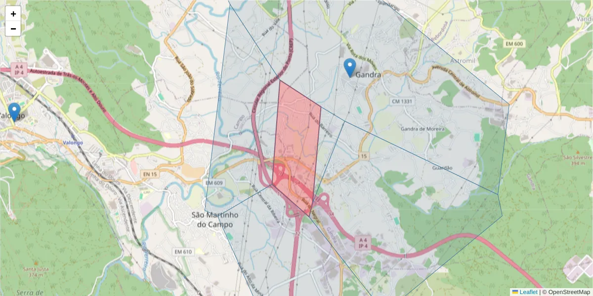 Mapa detalhado do código postal 4580 com limites, códigos postais vizinhos e agências dos correios