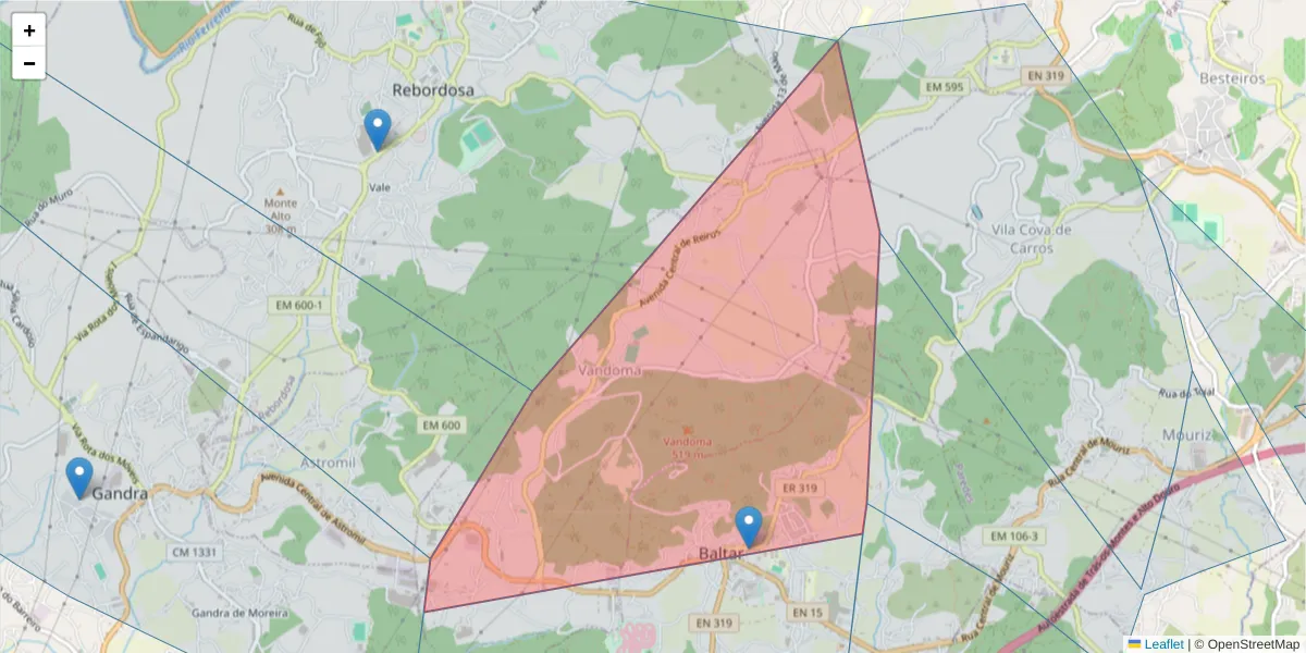 Mapa detalhado do código postal 4585-026 com limites, códigos postais vizinhos e agências dos correios