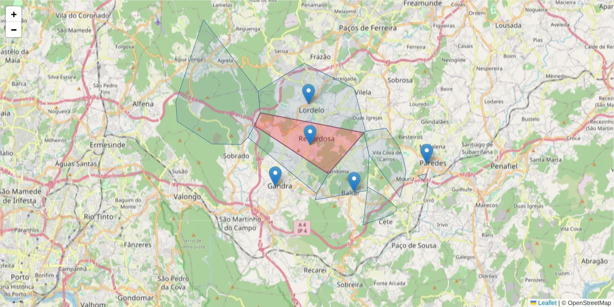 Mapa detalhado do código postal 4585-359 com limites, códigos postais vizinhos e agências dos correios