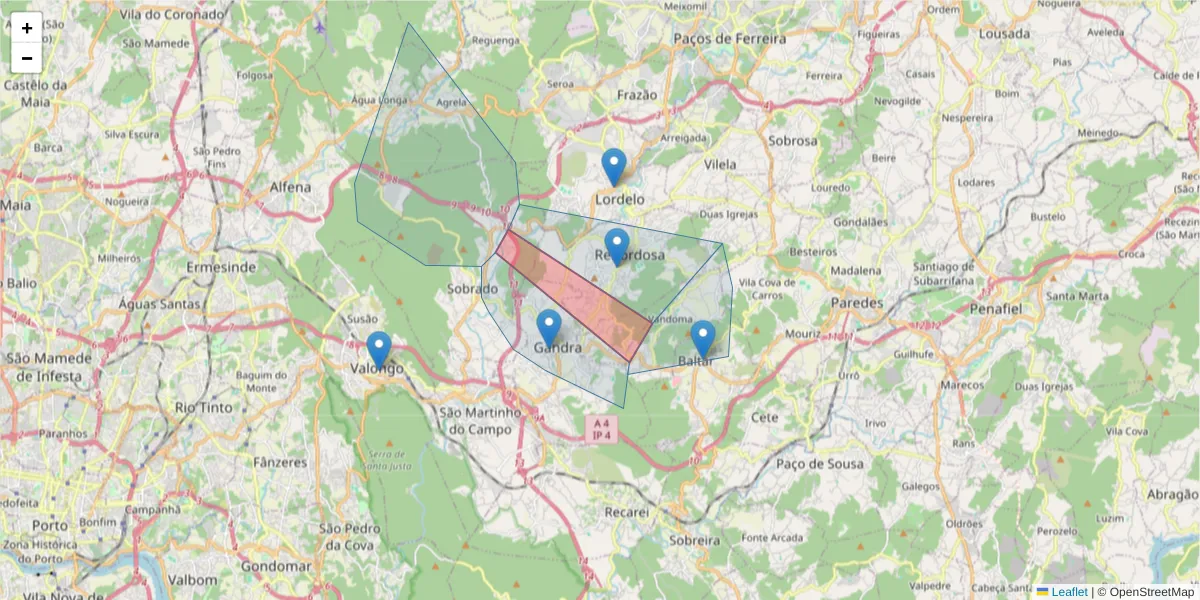 Mapa detalhado do código postal 4585-370 com limites, códigos postais vizinhos e agências dos correios