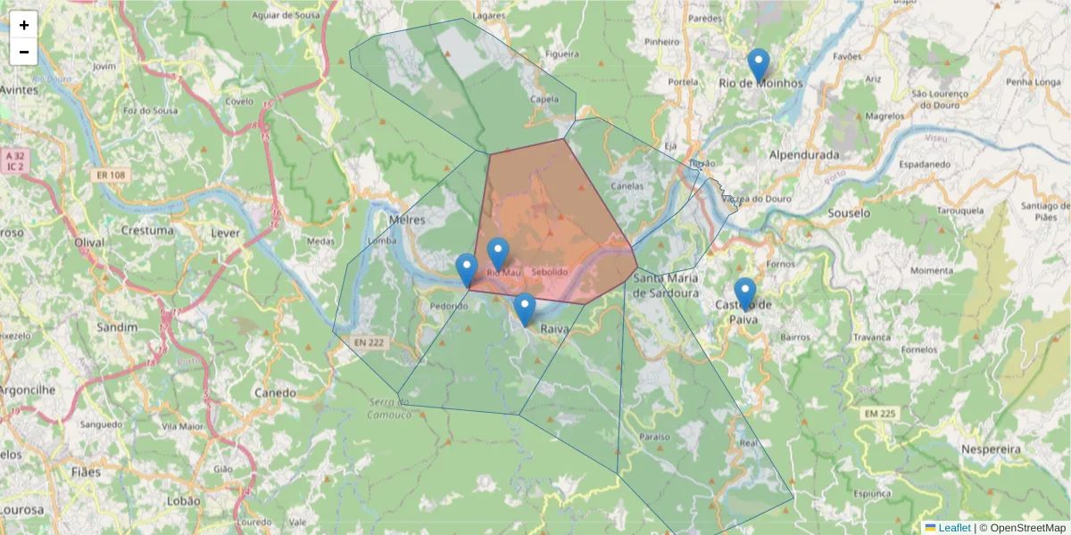 Mapa detalhado do código postal 4585-542 com limites, códigos postais vizinhos e agências dos correios
