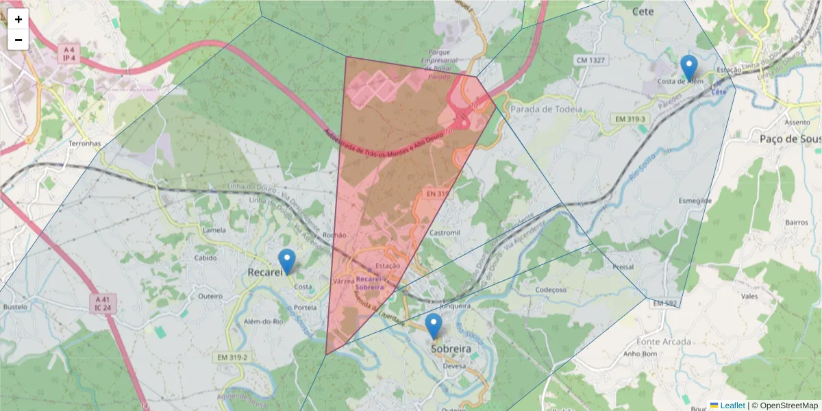 Mapa detalhado do código postal 4585-544 com limites, códigos postais vizinhos e agências dos correios