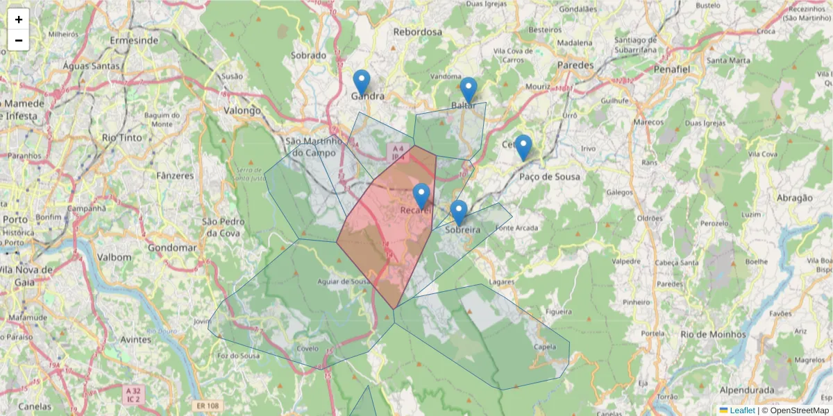 Mapa detalhado do código postal 4585-899 com limites, códigos postais vizinhos e agências dos correios
