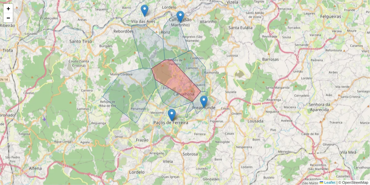 Mapa detalhado do código postal 4590-018 com limites, códigos postais vizinhos e agências dos correios