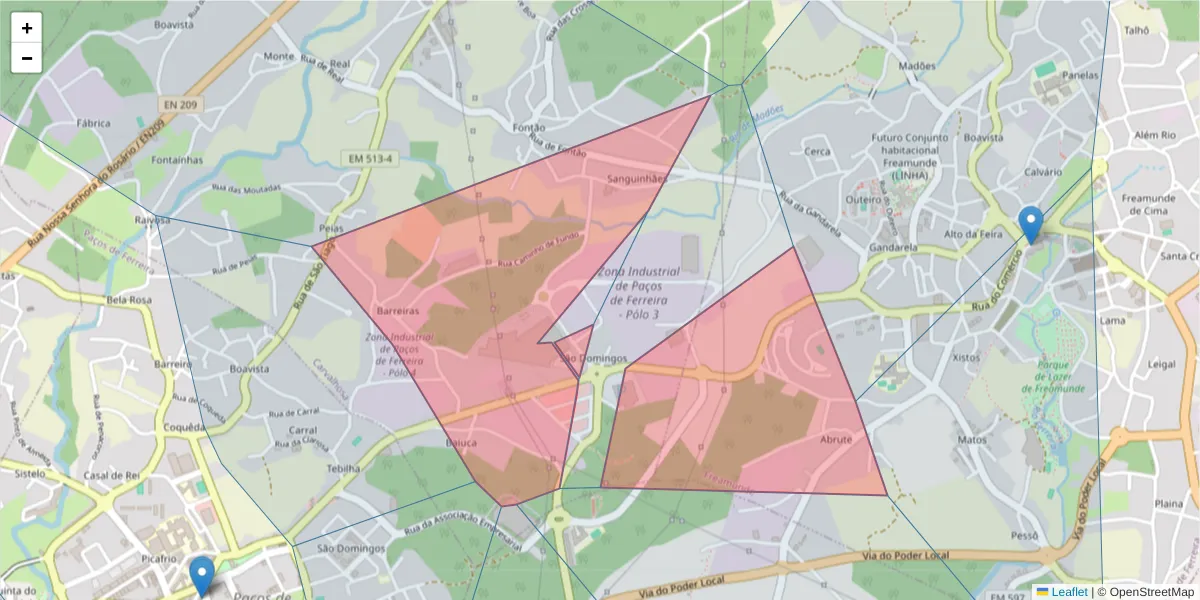 Mapa detalhado do código postal 4590-073 com limites, códigos postais vizinhos e agências dos correios