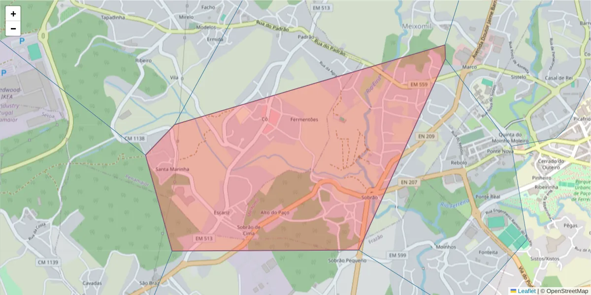 Mapa detalhado do código postal 4590-278 com limites, códigos postais vizinhos e agências dos correios