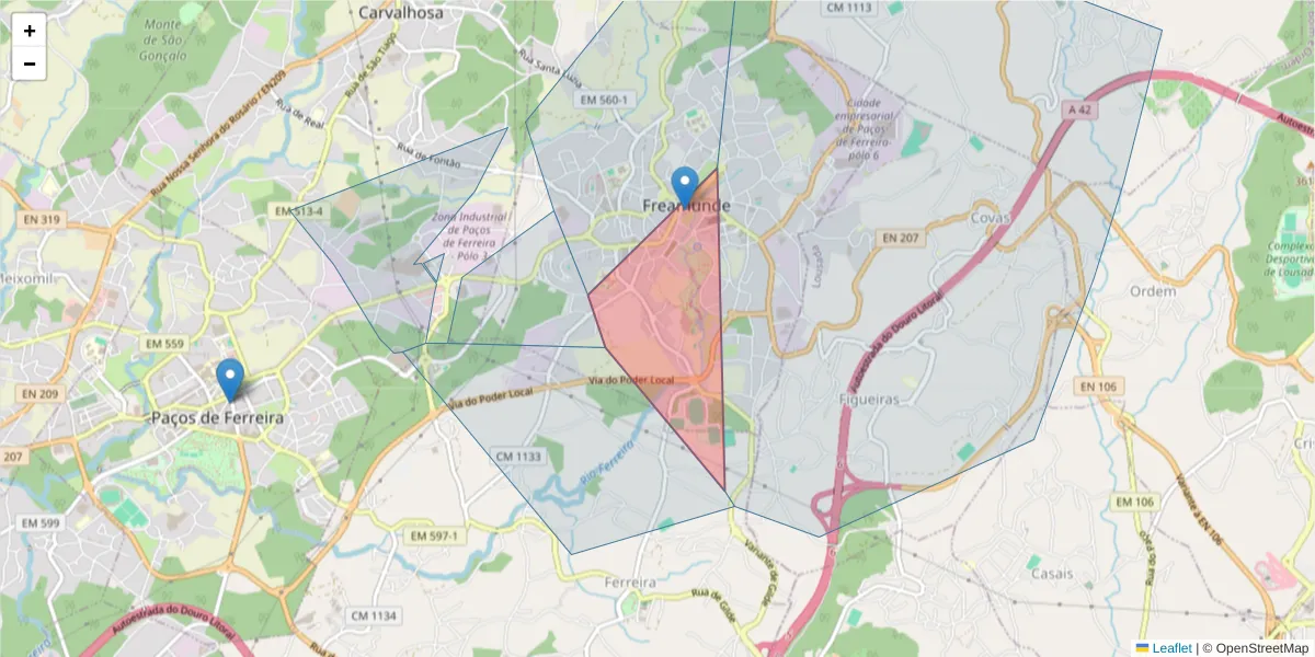Mapa detalhado do código postal 4590-305 com limites, códigos postais vizinhos e agências dos correios