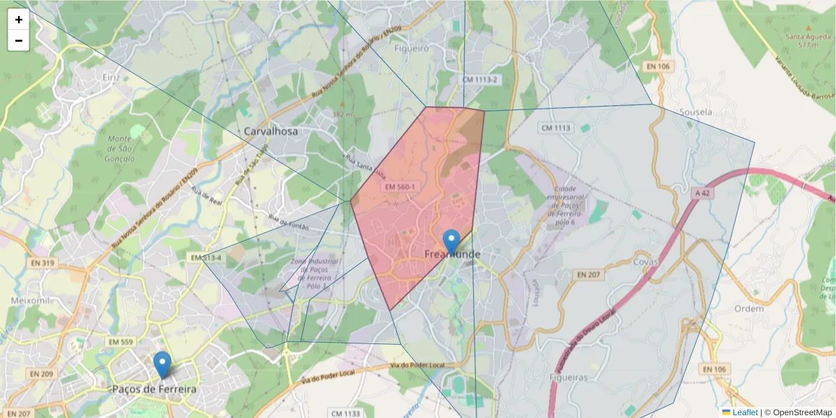 Mapa detalhado do código postal 4590-346 com limites, códigos postais vizinhos e agências dos correios