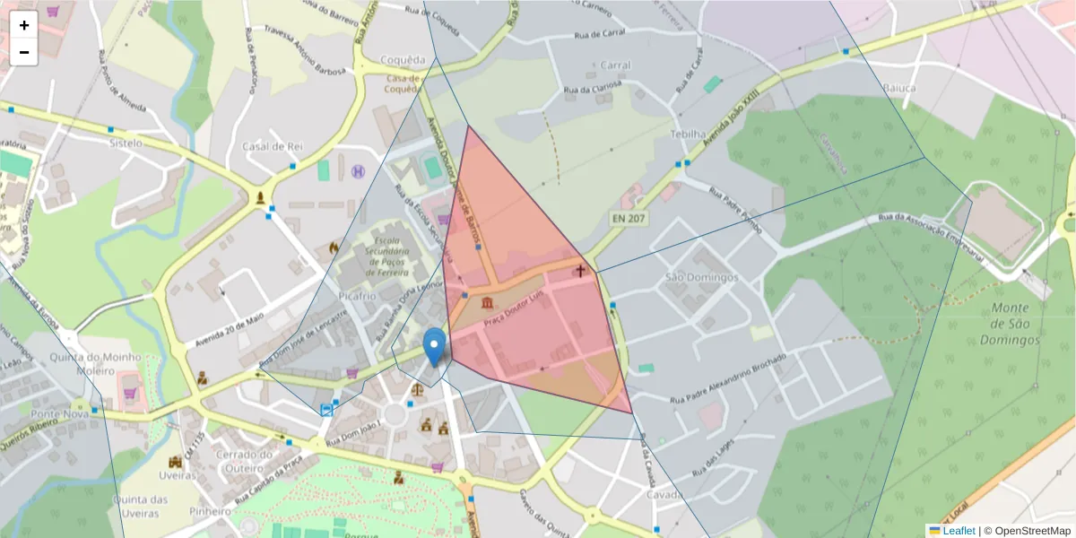 Mapa detalhado do código postal 4590-505 com limites, códigos postais vizinhos e agências dos correios