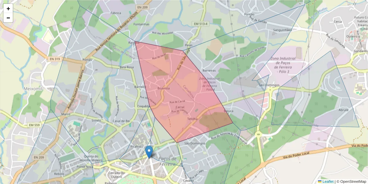 Mapa detalhado do código postal 4590-515 com limites, códigos postais vizinhos e agências dos correios