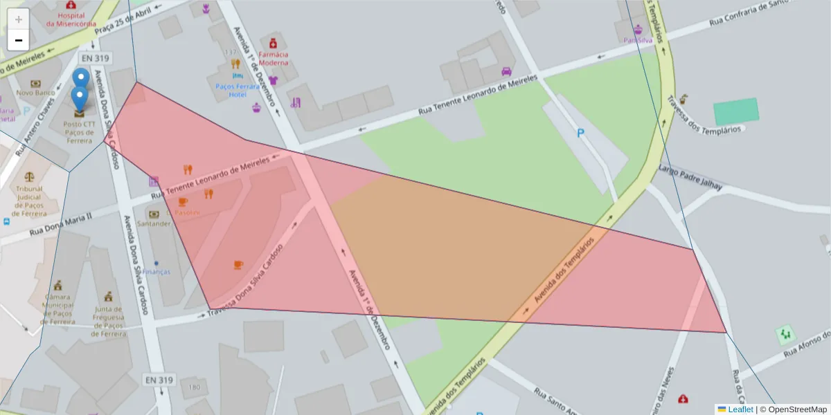 Mapa detalhado do código postal 4590-516 com limites, códigos postais vizinhos e agências dos correios