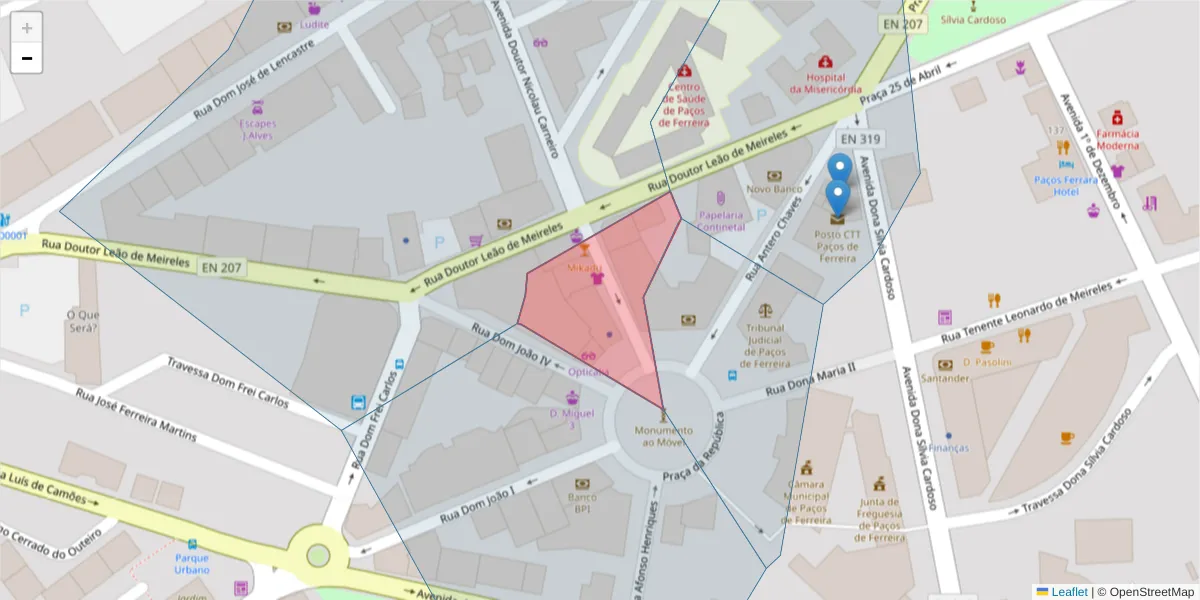 Mapa detalhado do código postal 4590-589 com limites, códigos postais vizinhos e agências dos correios