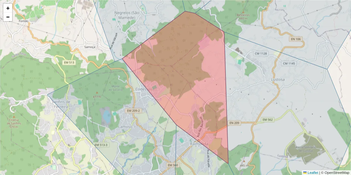Mapa detalhado do código postal 4590-657 com limites, códigos postais vizinhos e agências dos correios