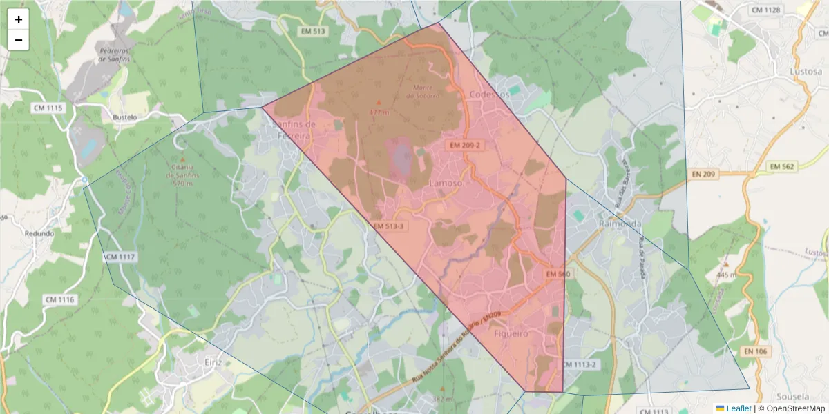 Mapa detalhado do código postal 4590-693 com limites, códigos postais vizinhos e agências dos correios