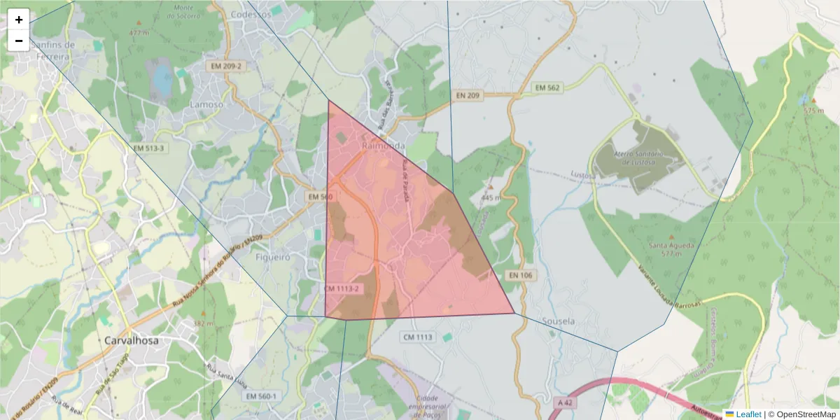Mapa detalhado do código postal 4590-704 com limites, códigos postais vizinhos e agências dos correios