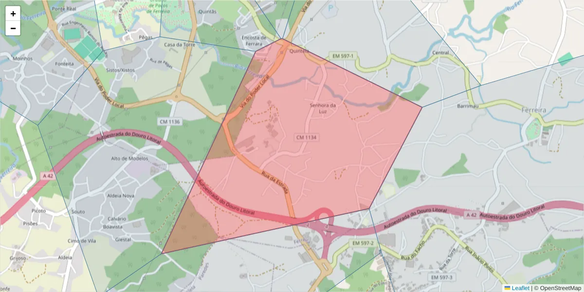 Mapa detalhado do código postal 4590-789 com limites, códigos postais vizinhos e agências dos correios