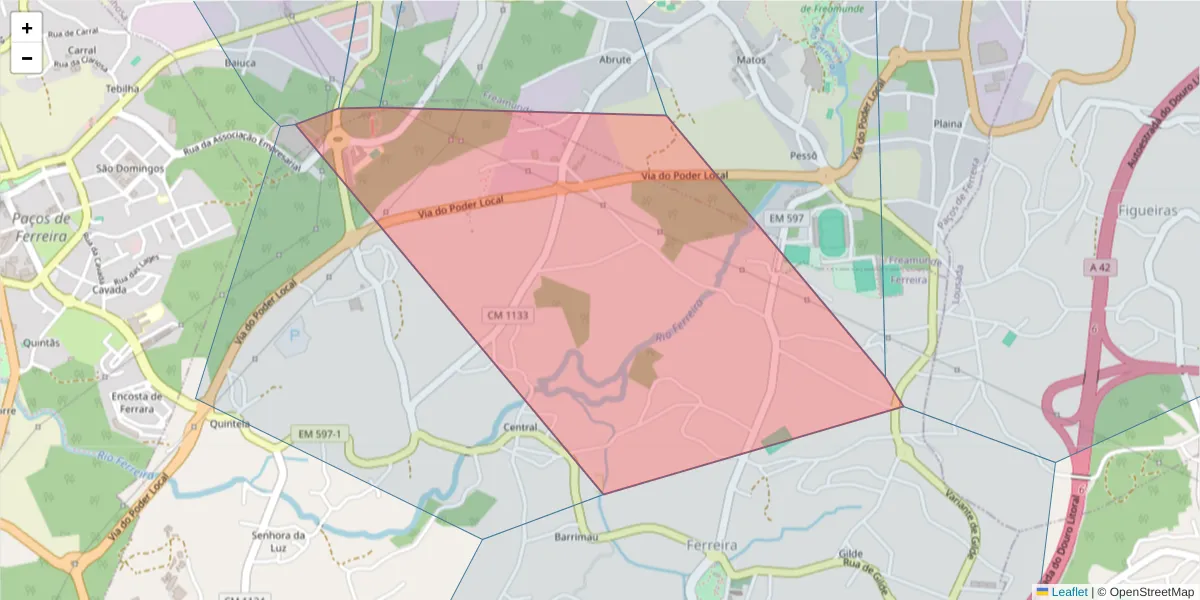 Mapa detalhado do código postal 4590-901 com limites, códigos postais vizinhos e agências dos correios