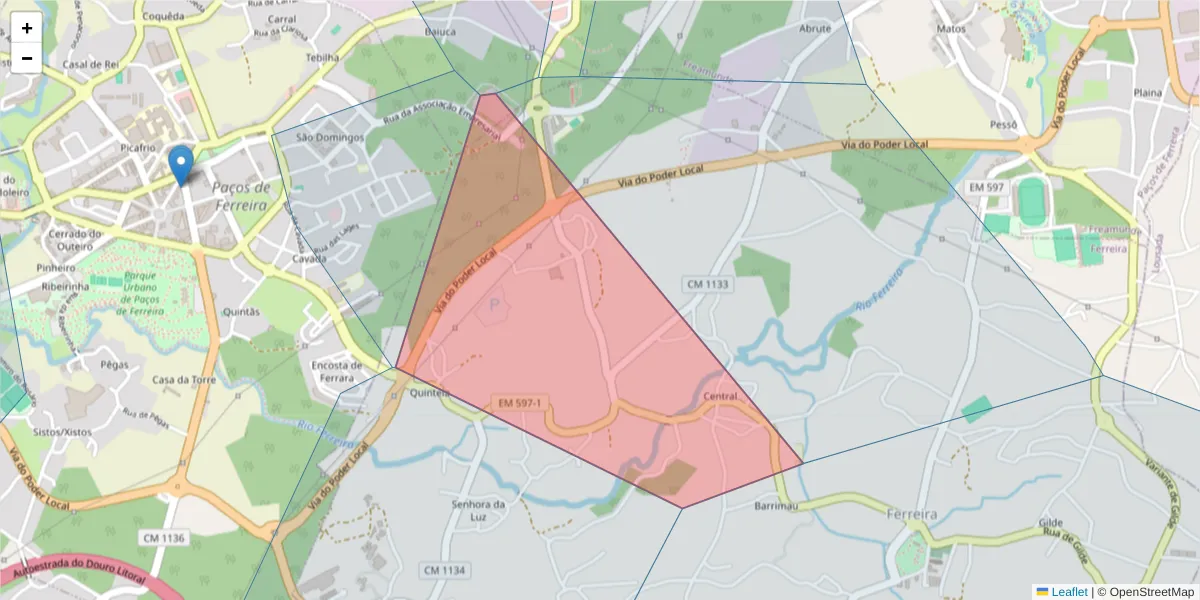 Mapa detalhado do código postal 4590-930 com limites, códigos postais vizinhos e agências dos correios