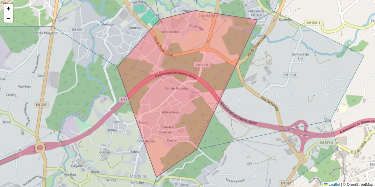 Mapa detalhado do código postal 4594-930 com limites, códigos postais vizinhos e agências dos correios