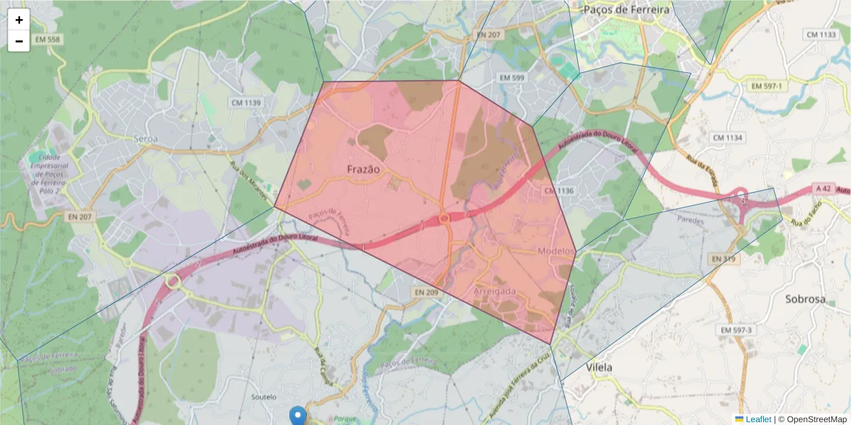 Mapa detalhado do código postal 4595-144 com limites, códigos postais vizinhos e agências dos correios