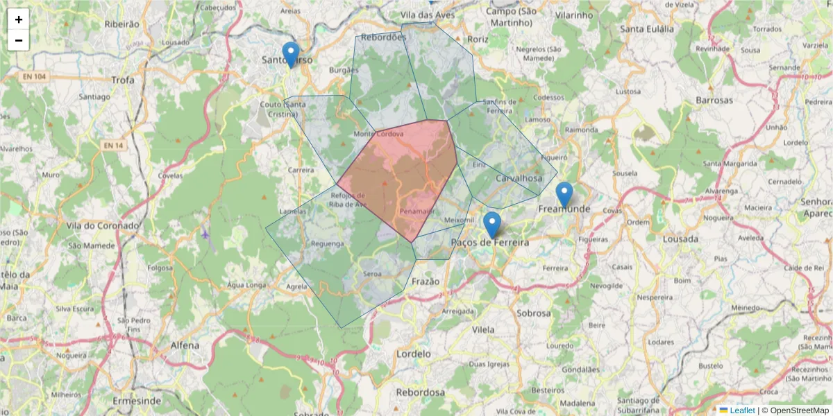 Mapa detalhado do código postal 4595-324 com limites, códigos postais vizinhos e agências dos correios