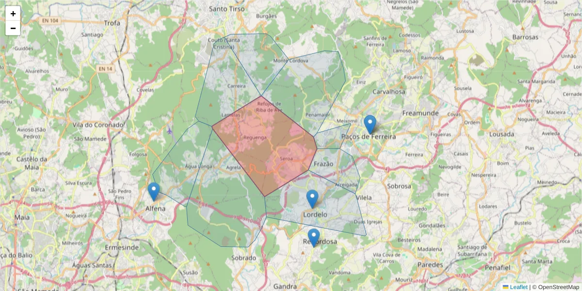 Mapa detalhado do código postal 4595-456 com limites, códigos postais vizinhos e agências dos correios