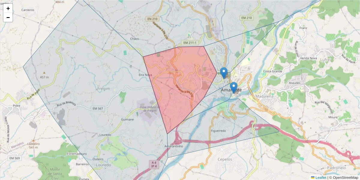 Mapa detalhado do código postal 4600-279 com limites, códigos postais vizinhos e agências dos correios