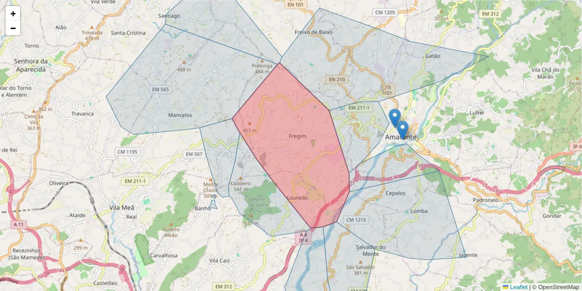 Mapa detalhado do código postal 4600-593 com limites, códigos postais vizinhos e agências dos correios