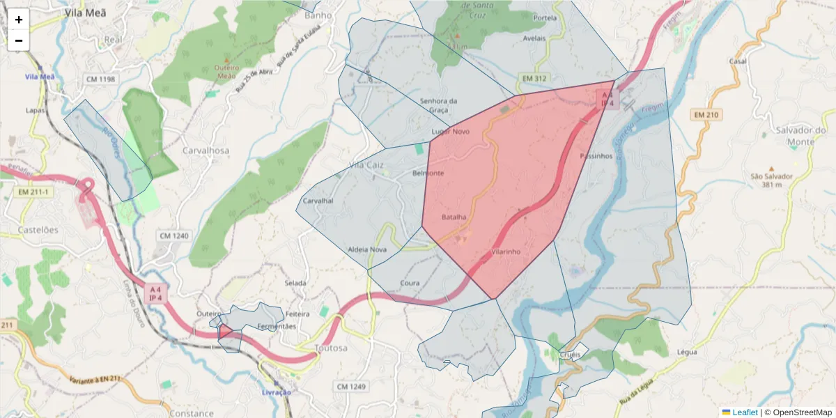 Mapa detalhado do código postal 4600-789 com limites, códigos postais vizinhos e agências dos correios