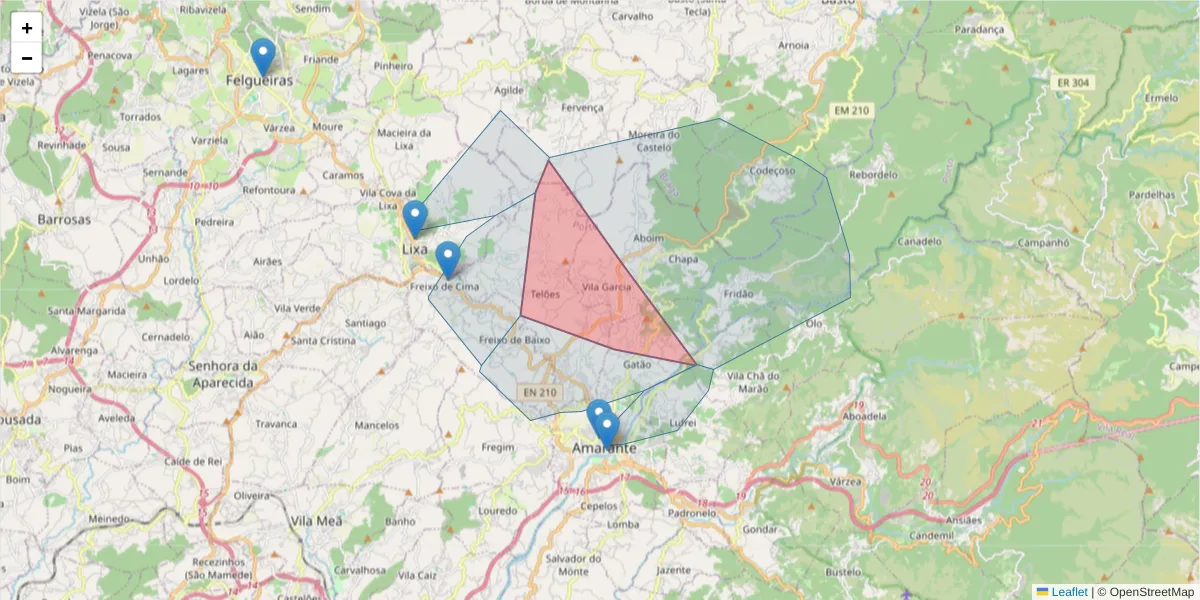 Mapa detalhado do código postal 4600-810 com limites, códigos postais vizinhos e agências dos correios